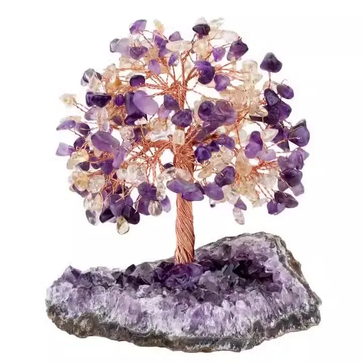 Carved Feng Shui Lucky Rose Quartz Healing Crystal Tree Natural Reiki Gemstone Stone Amethyst Cluster Base Rich Money Tree