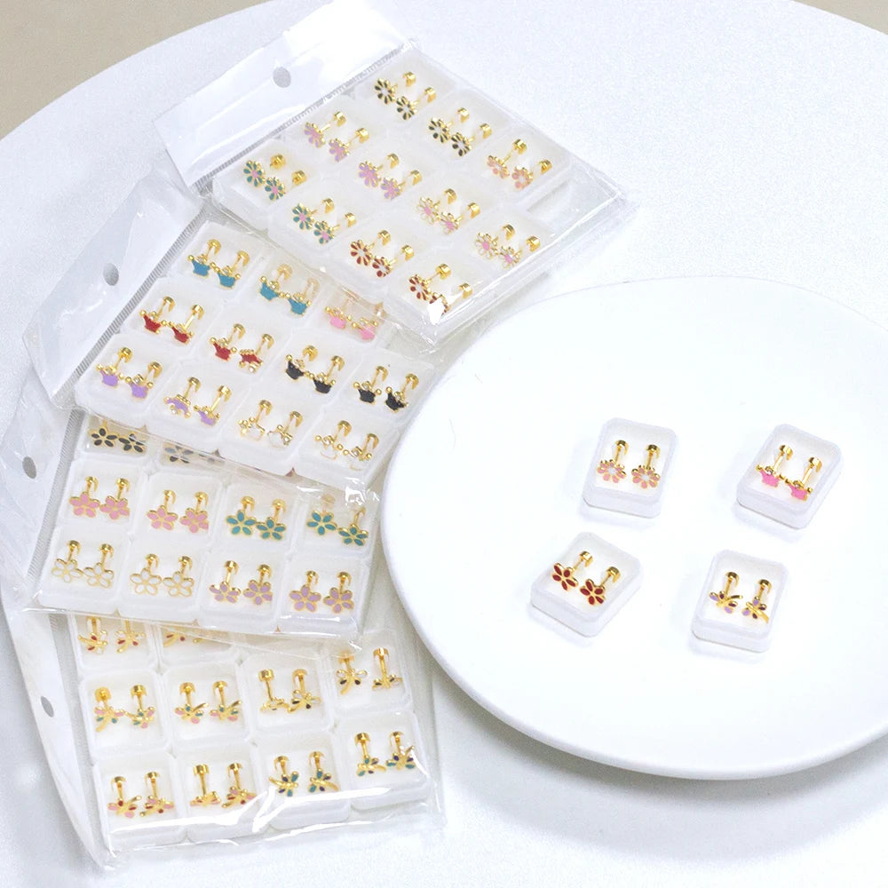 Wholesale Hypoallergenic Stainless Steel Jewelry Waterproof Drip Oil Screw Earrings Enamel Mixed Color Flower Earrings for Kid