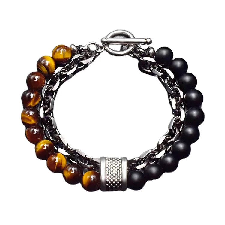 G1482 Hot Selling Men Stone Wholesale Bracelets Jewelry Alloy Chain Double Layer Stone Beads Tiger Eye Bracelet