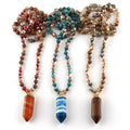 Fashion Bohemian Custom Jewelry Accessory 6mm Stone /Crystal Long Knotted Hexagonal Column Gemstone  Pendant Necklaces
