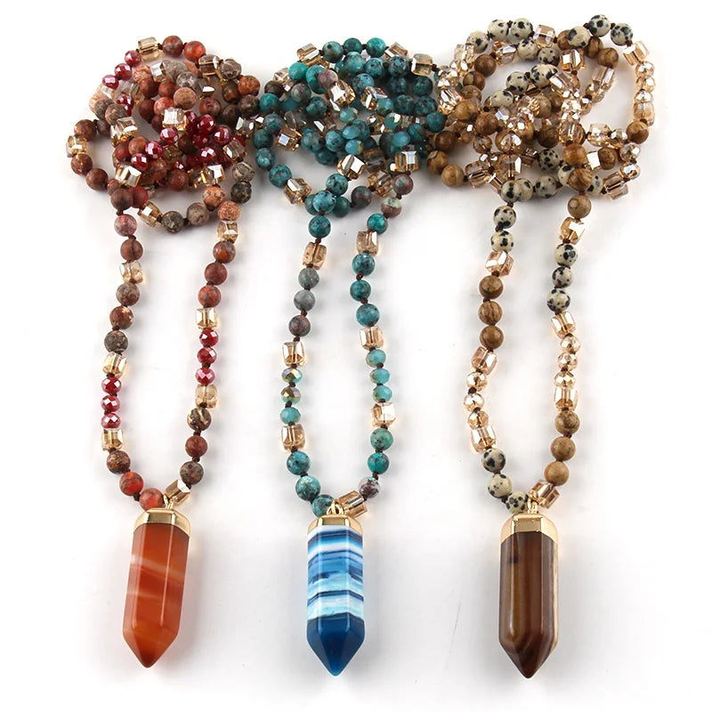 Fashion Bohemian Custom Jewelry Accessory 6mm Stone /Crystal Long Knotted Hexagonal Column Gemstone  Pendant Necklaces