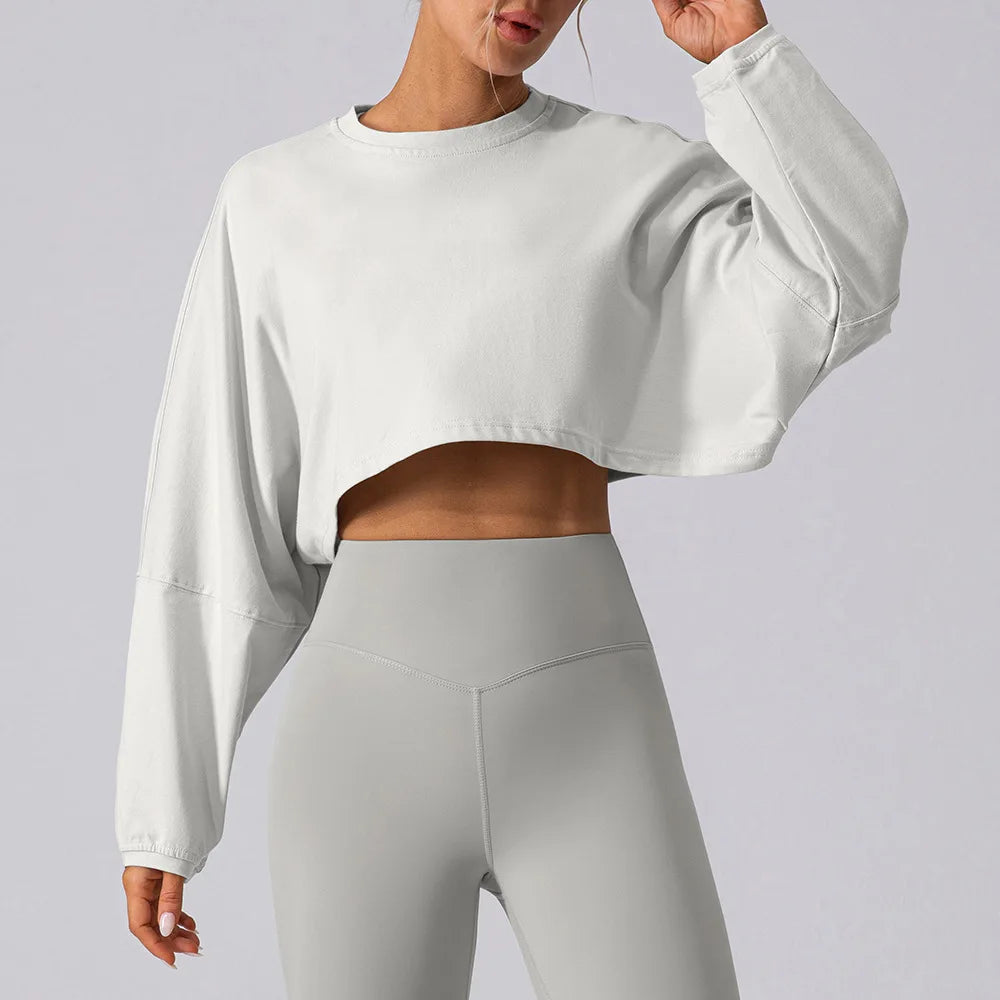 Round Neck Women Sweatshirt Gym Sports Short Set Yoga Running Loose Long Sleeve Workout Top Activewear  Yoga Leggings