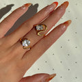 Dazan New HOT INS Trendy 18k PVD Gold Plated Stainless Steel Exquisite Polished Teardrop Clear Zircon Wave Line Beauty Ring