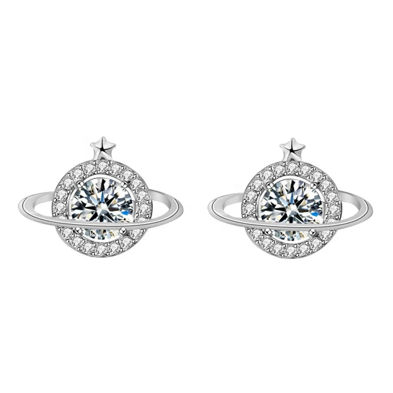 XEA012 Latest Designs Planet Stud Earrings 925 Sterling Silver Celestial Jewelry Moissanite Galaxy Planet Stud Earrings