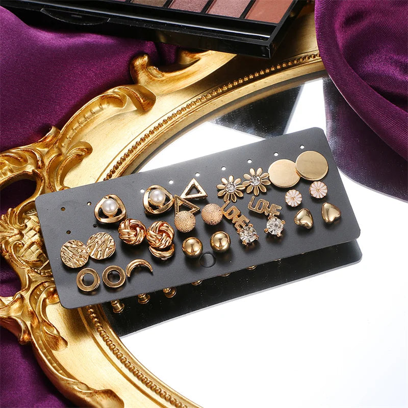 VKME Fashion Stud Earrings Set for Women Mixed Designs Moon Pearl Gold Plated Stud Earring Jewelry