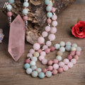 Rose Quartz Mala Necklace  Matte Frosted Round Stone Beads  Healing Crystal Point Pendant Yoga Necklaces