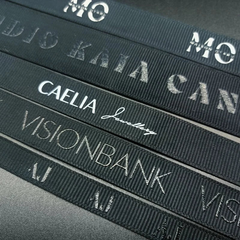 Custom Black Luxury Grosgrain Double Face Ribbon Gold Foil Printed Logo on Gift Packing for Premium Products