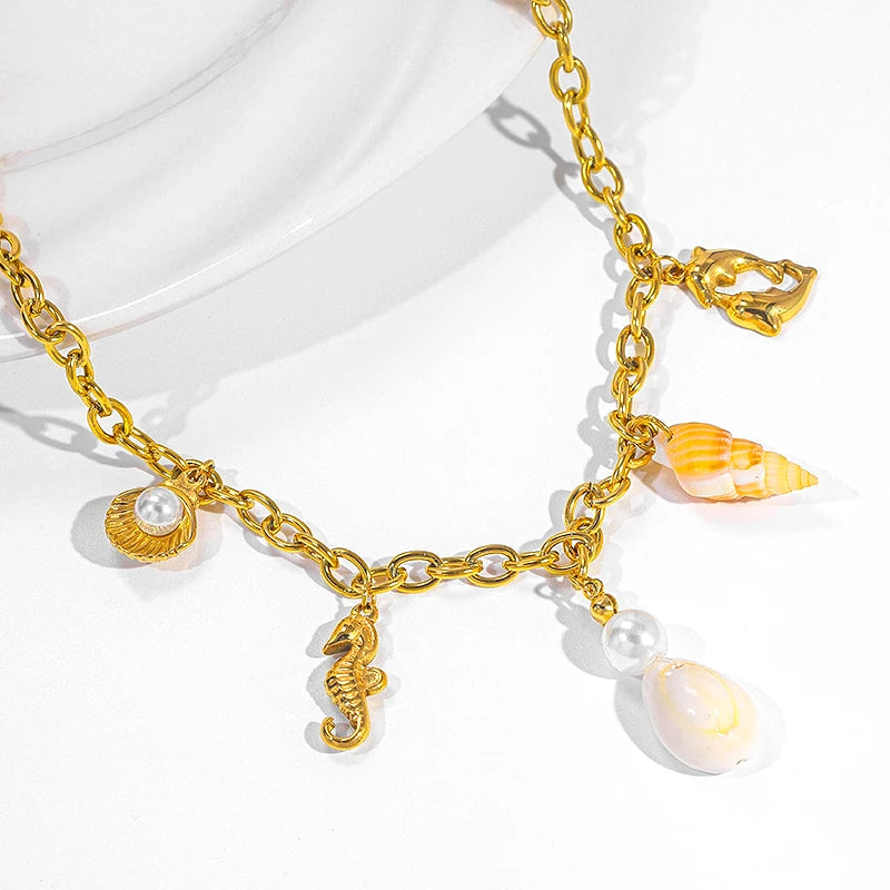 18K Gold Plated Stainless Steel Necklace Ocean Style Hot Summer Fashion Pendant Waterproof Crystal Charm Starfish Shell Fish