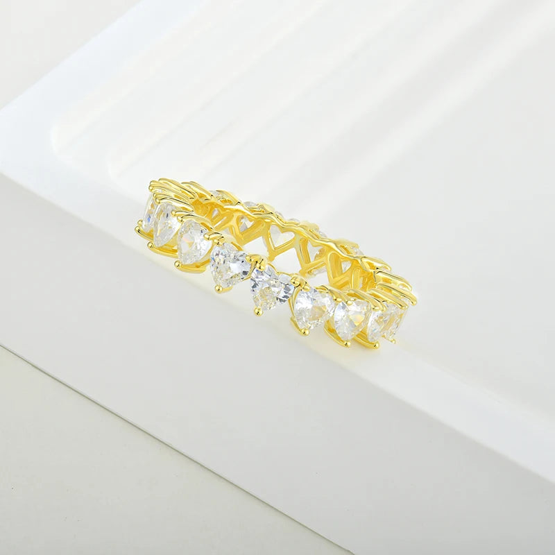 Fine Jewelry 925 Sterling Silver Heart 18K Gold Eternity Diamond Band Rings Classic Style Wedding Party-Inlaid Rhodium Plating