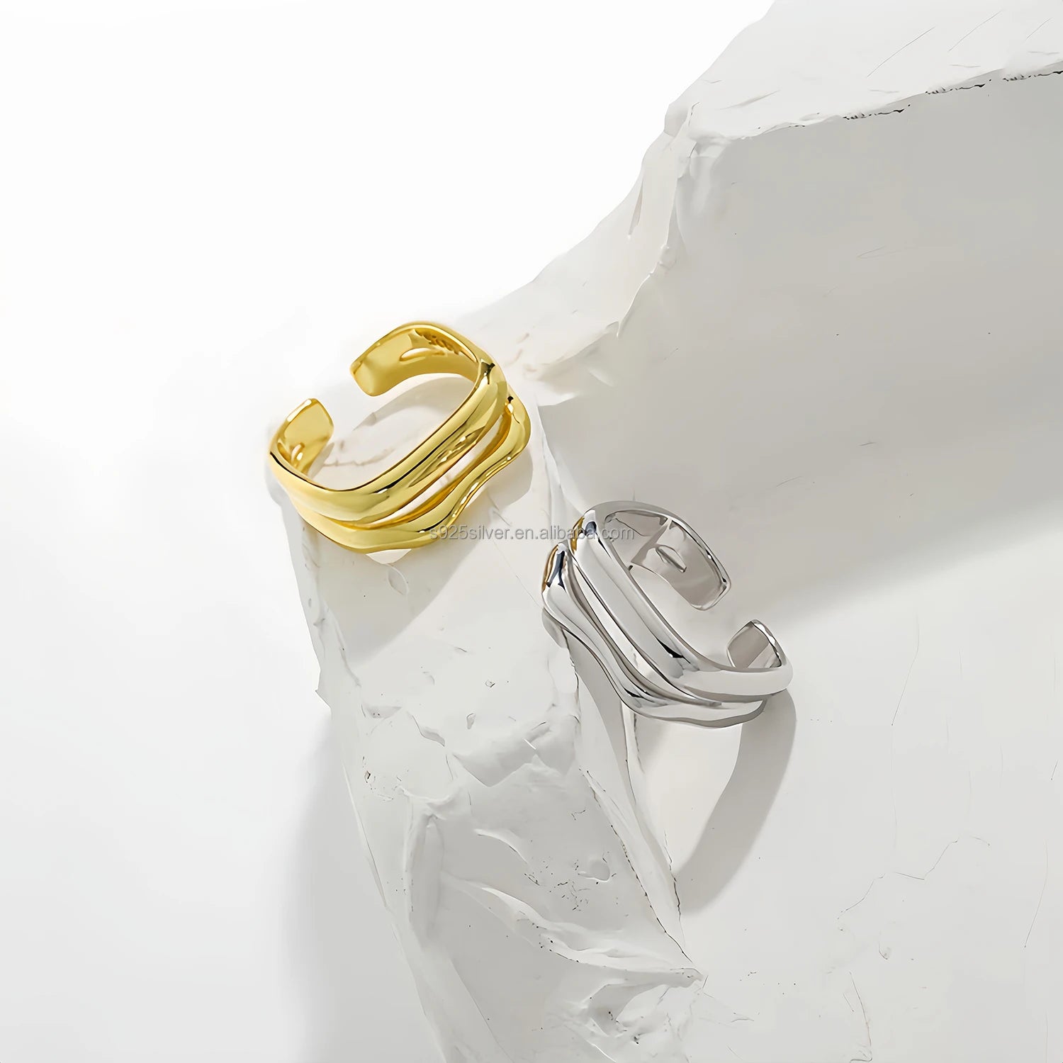 Minimalist Shining Glossy Jewelry Double Layered Hollow Geometric 925 Sterling Silver Open Ring for Women Accessories