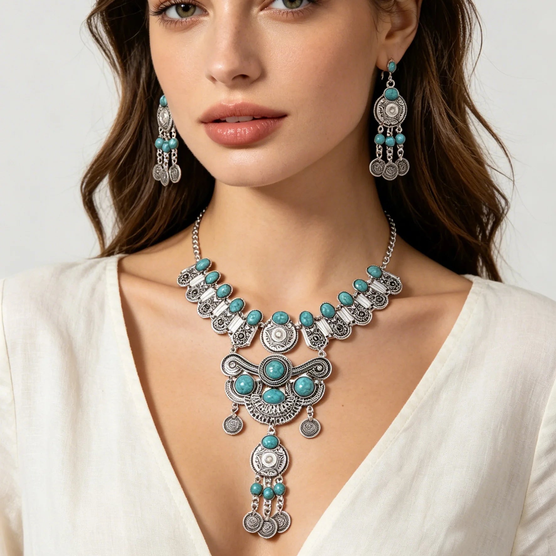Bohemian Vintage Style Women's Jewelry Set Golden Beads Carves Flower Statement Necklace and Earrings for Wedding