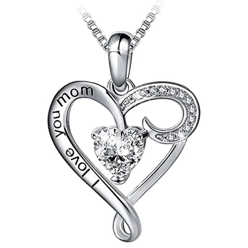 New European & American Fashion Mother Love Necklace with Brass Zircon Heart Silver Plated Link Chain Stylish Gift for Mom