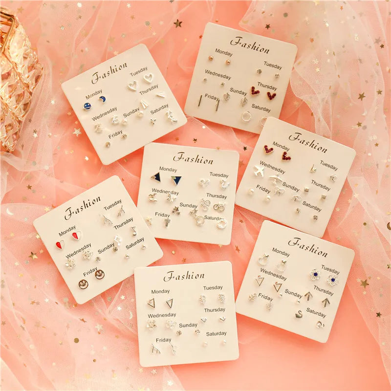 FanYue Hot Sale One Week 6 Pairs 7 Pairs One Card Cute Small Earrings Studs Set for Women