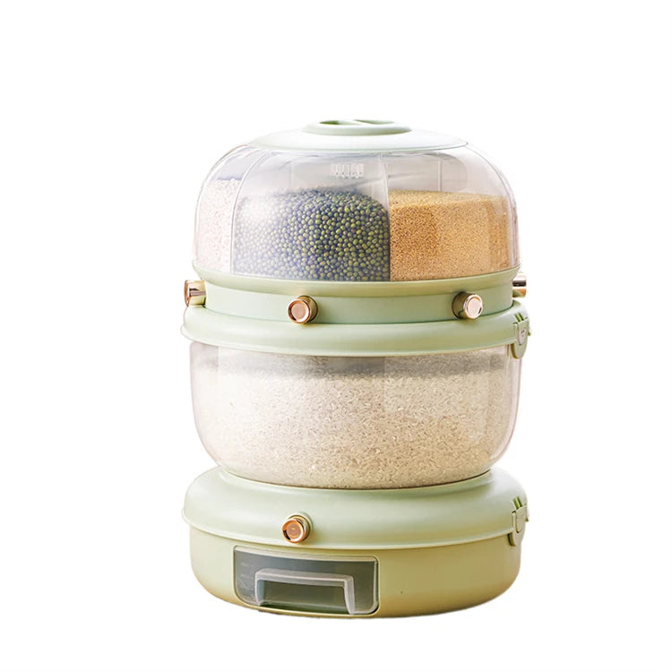 New Double-Deck Design 6 Gird Rotating Rice Grain Dispenser Kitchen Cereal Storage Container with Lid Moisture Resistant