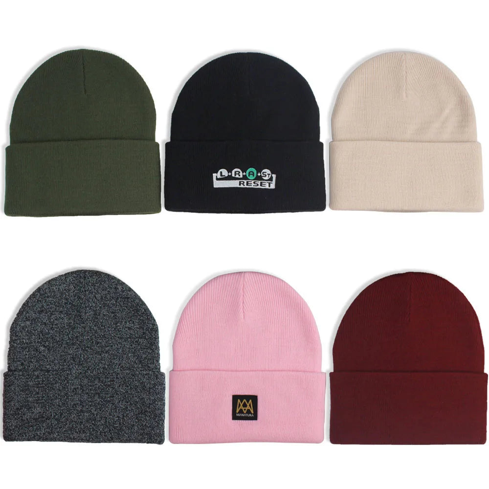 Manufacture Slouchy Soft Warm Adult Custom Beanie Hat Winter Hats Embroidery logo for Women Cuff Plain Black Acrylic Yarn Beanie
