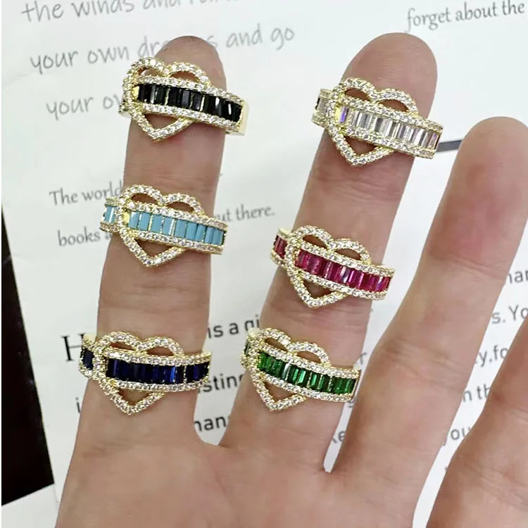 RM1558 Chic 18K Gold Pink Green Clear Diamond CZ Baguette Heart Stacking Rings Engagement Ring Gift for Her
