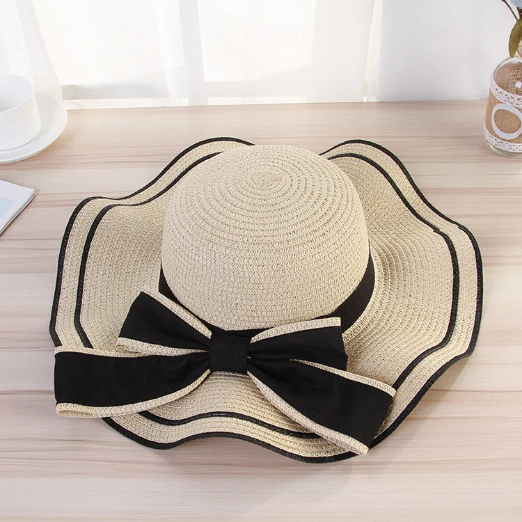 2020 New Summer Wave Edge Bow Straw Hat Ladies Beach Sunscreen Hat