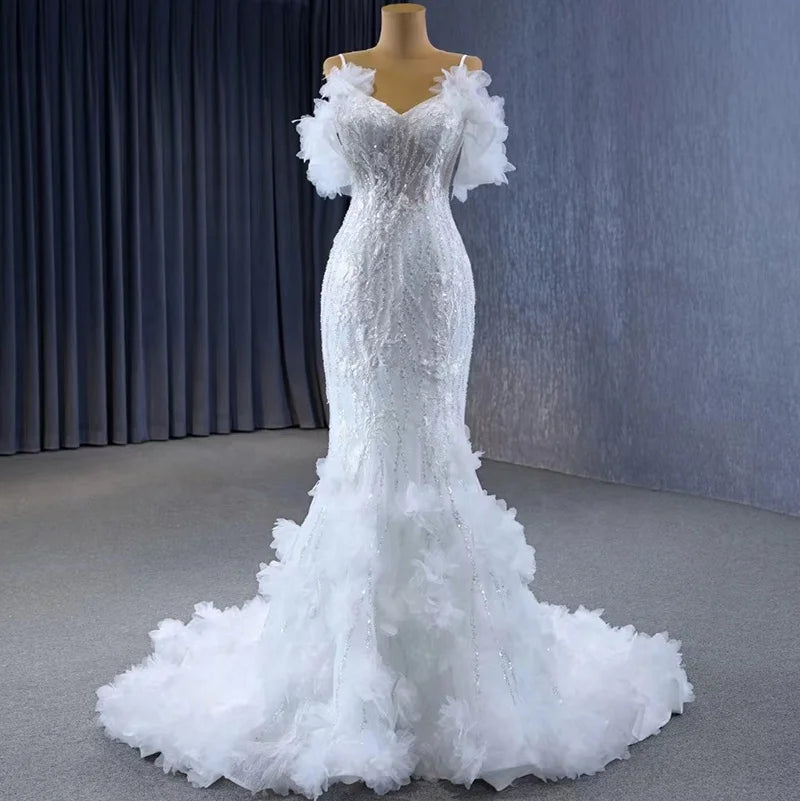 Jancember 231095 Feather Spaghetti Strap Beaded Mermaid Wedding Dresses