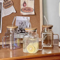 Simple square Glass Cup with Bamboo Lid clear Straw Cup with Handle for House Use