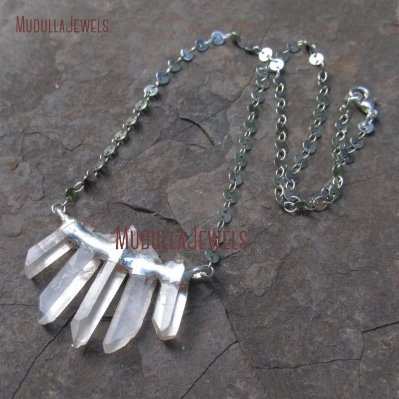 NM36831 Bohemian Silver Chain Necklace 5 Quartz Crystal Pendant Handmade Raw Crystal POINT Natural Gemstone Jewelry for Weddings