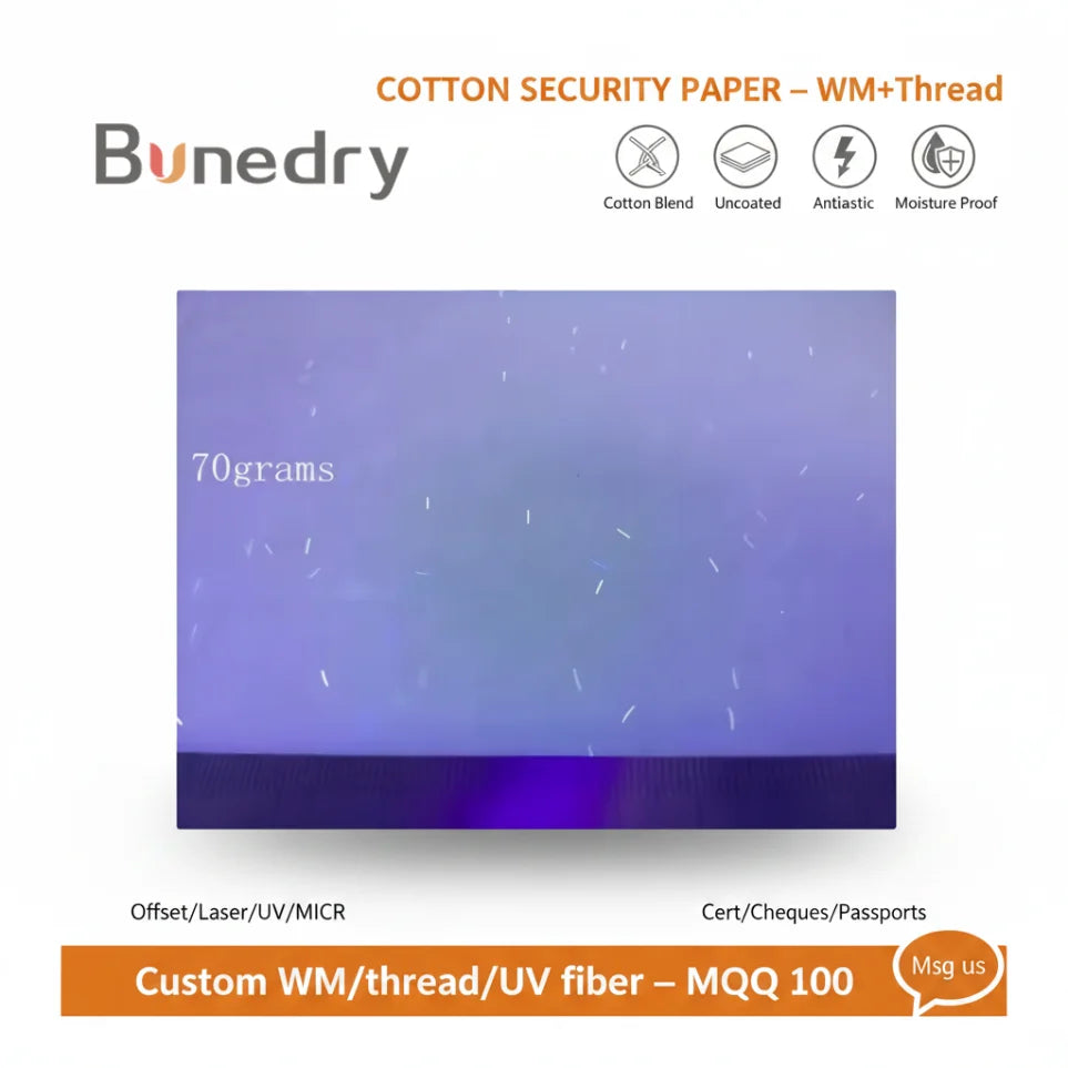 A4  Security Thread Paper Watermark Cotton Pulp Antistatic Moisture Proof for Offset Certificate Cheque Document Printing
