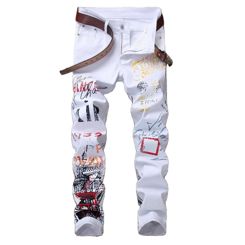 European and American White Print Fashion Cutting-edge Young Jeans