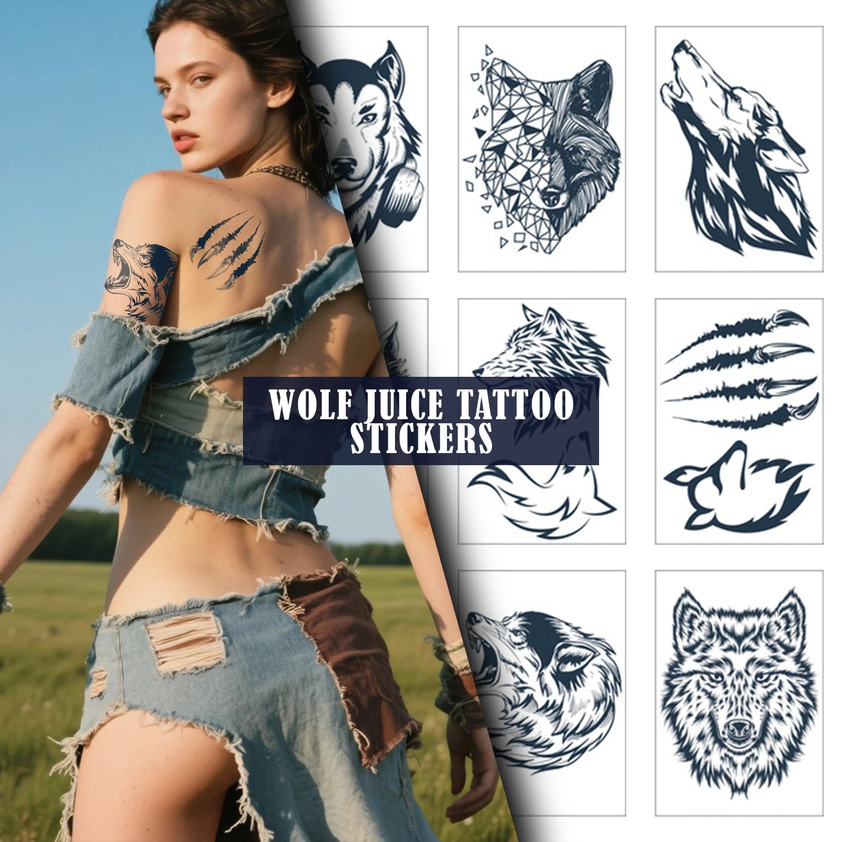 Waterproof Realistic Wolf Floral Sleeve Temporary Tattoo Stickers | Sweat-Resistant Fashionable Face & Body Art Tattoos