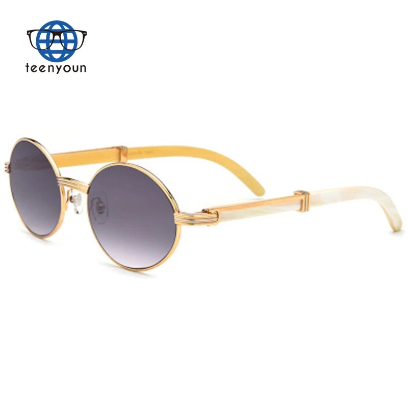 Teenyoun Buffalo Horn Sunglasses Men Round Luxury Sumptuous Oval Eyewear Buffs Eyeglasses Sun Glasses Anti-UV Mirror Lenses
