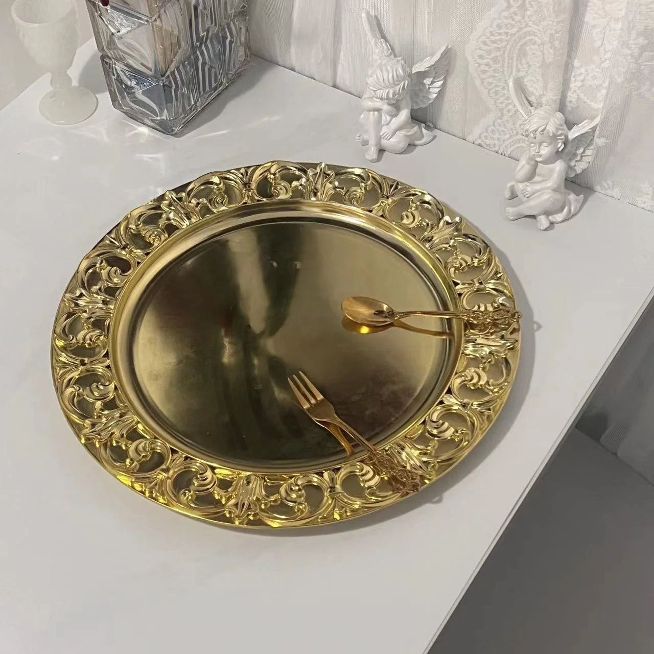 Multicolor Round 3d Vintage Borders Double Plating Thickened Plastic Fruit Bowl Tray Decorative Charger Plates Wholesale