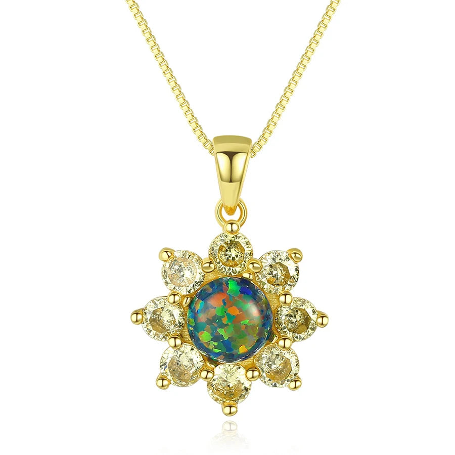 Spot Goods Dropshipping Sunflower Clavicle Chain S925 Sterling Silver Gold Plated Cubic Zirconia Multicolor Opal Necklace