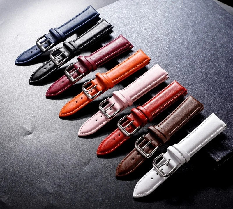 Luxury Plain Cow Leather Watch Band with Needleless Pattern for Men and Women Universal Fit in Eight Colors