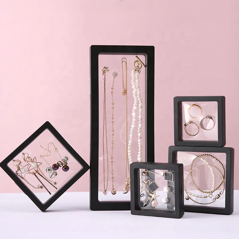 Custom Logo 3D Floating Frame Plastic Packaging Box Clear PE Film Acrylic Pearl Necklace Bracelet Video Jewelry Display Boxes