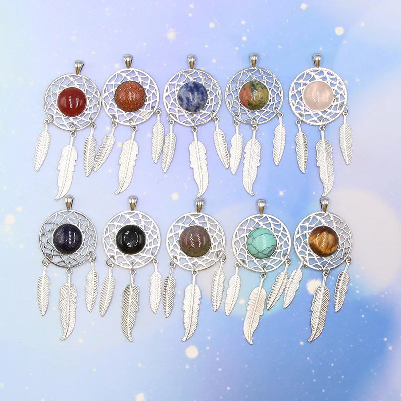 Agate Crystal Dream Catcher Necklace Pendant Natural Stone Dream Catcher Wind Chimes Pendant Jewelry