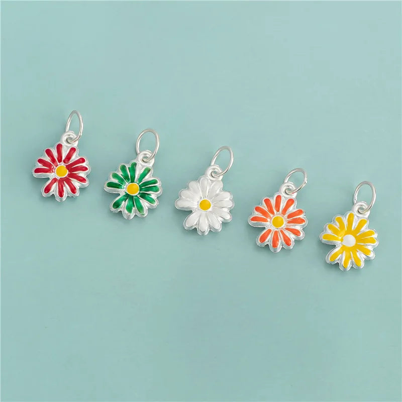 New 925 Sterling Silver Enamel Colorful Daisy Flower Charm Pendant for Jewelry Making Supplies 10.5mm