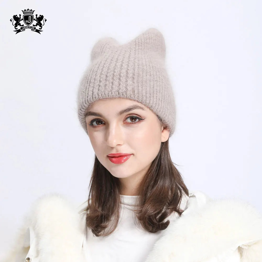 Janefur Great Quality Custom Angora Wool Beanie Designer Double Layers Women Knitted Winter Hat