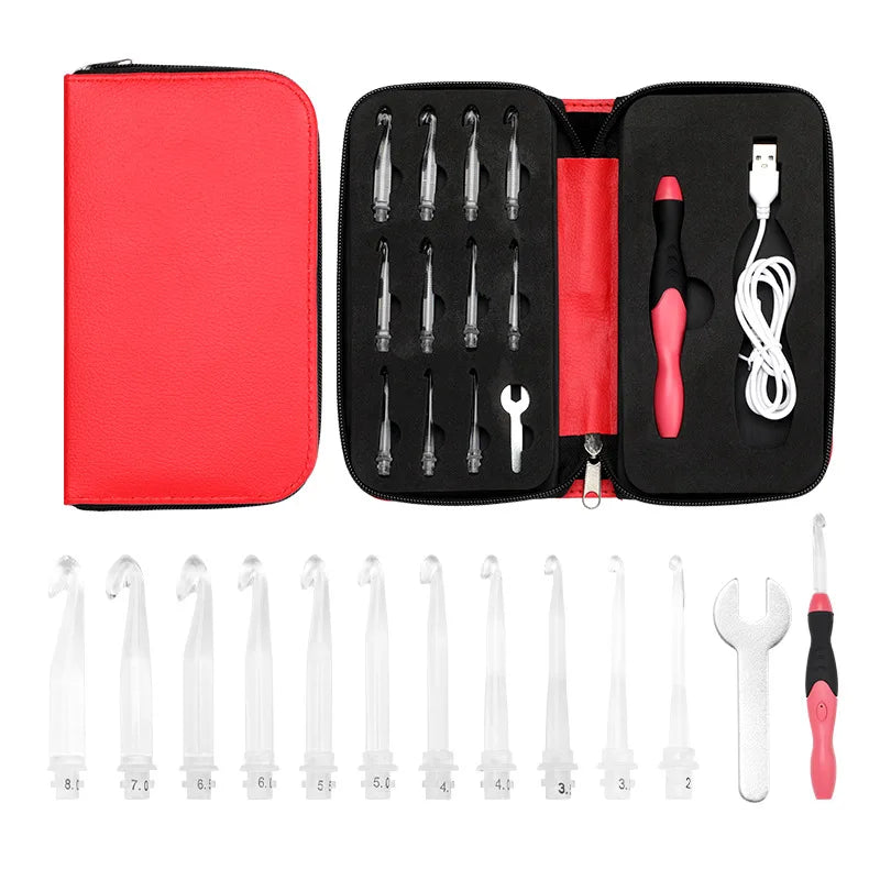 11 Size Interchangeable LED Lighted Crochet Hooks USB Rechargeable Ergonomic Grip 2.5mm to 8.0mm LED Lighted Crochet Hooks