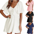 RNSHANGER New Women V-neck Bow Tie Mini Dress Summer Sweet Style Flare Short-Sleeved Dresses Fashion Sexy Party Dress for Women