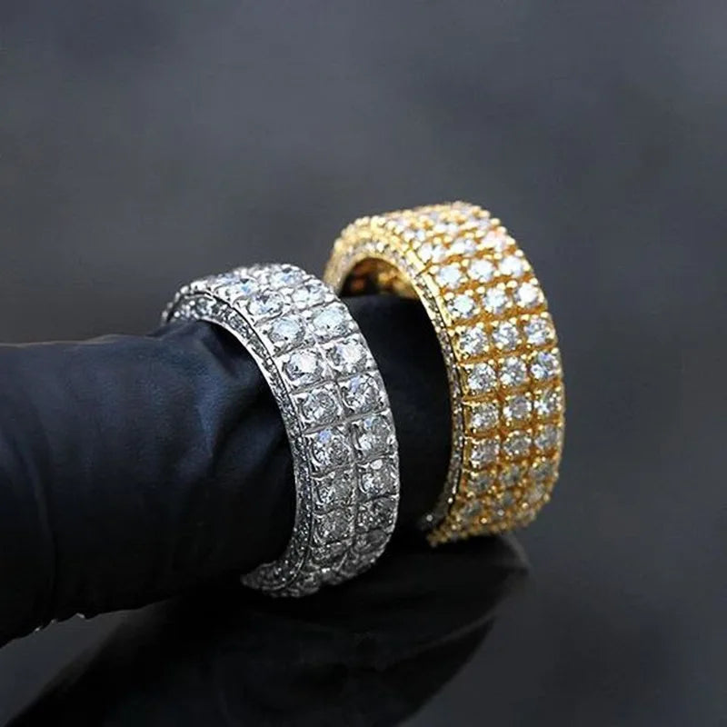 CAOSHI 6 7 8 9 10 Punk Hiphop 3 Line Band Ring Trendy Gold 925 Silver Color Zircon Rings for Man Woman Couple