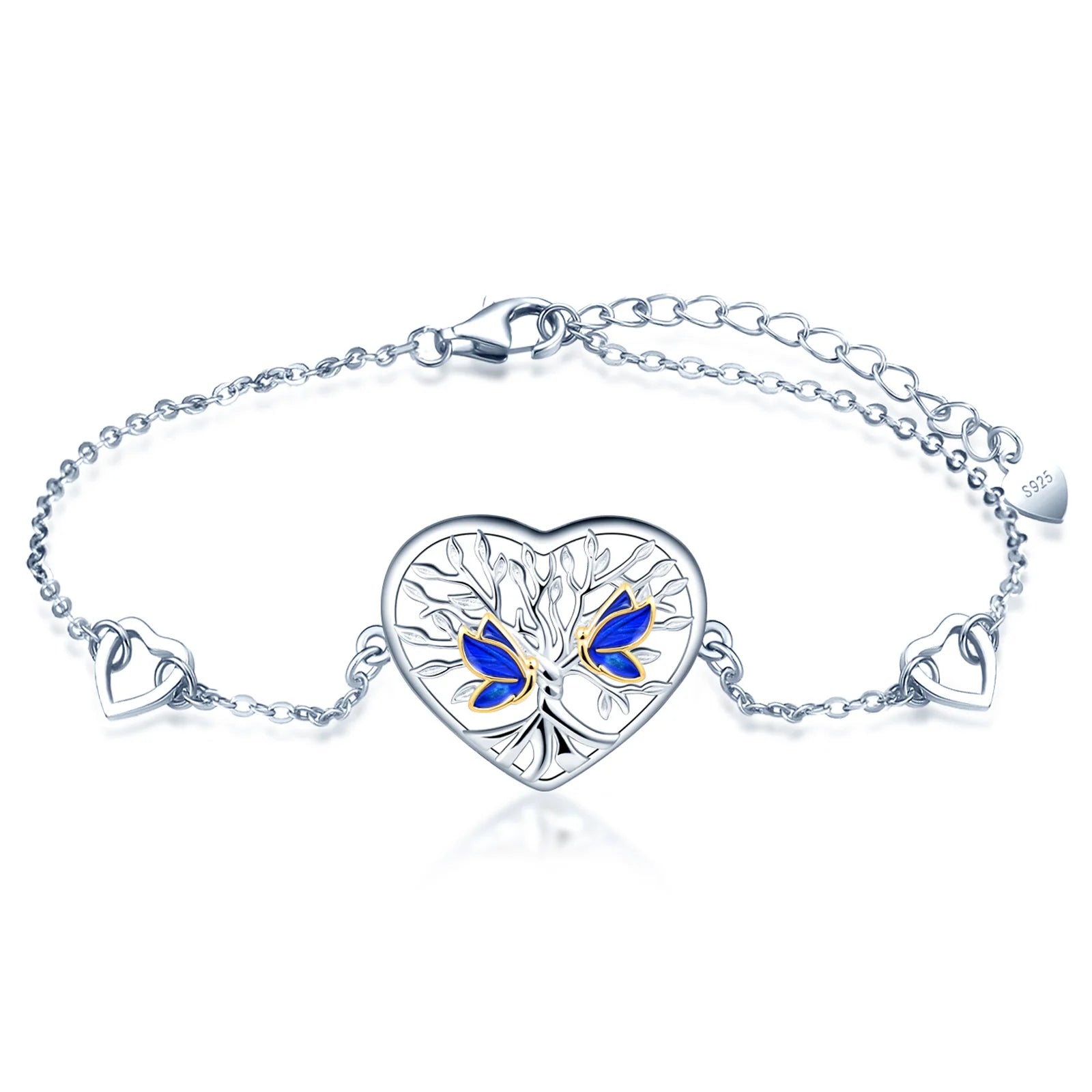 New Arrival 925 Sterling Silver Fine Jewelry Bracelet Rhodium Tree Life Heart Blue Butterfly Design for Party Gift Zircon
