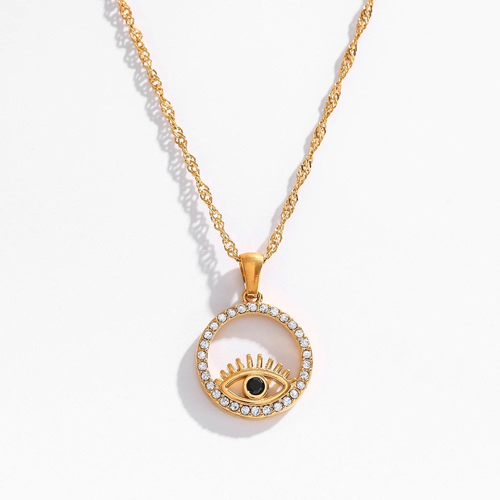Fenny 18K Gold Plated Wholesale No Fade Hollow Round Zirconia Pave Eye Pendant Choker Chain Stainless Steel Necklace for Women