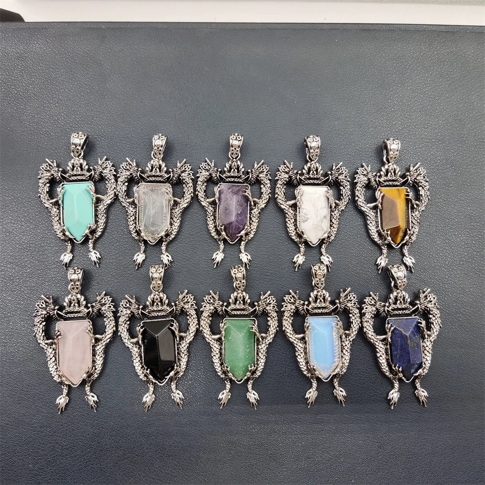 Jewelry Accessories Natural Stone Double Dragons Charm Healing Tiger Eye Pink Quartz Amethyst Pendants for Man Necklace Making
