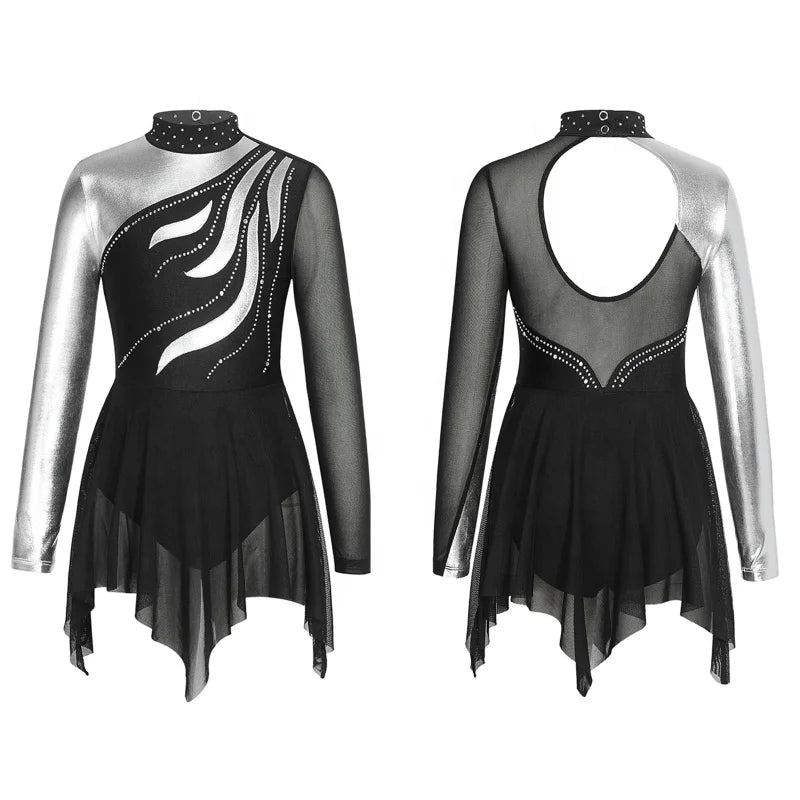 Kids Girls Shiny Rhinestone Long Sleeve Stand Round Collar Hollow Back Mesh Bronzing Cloth Patchwork Style Dance Dress