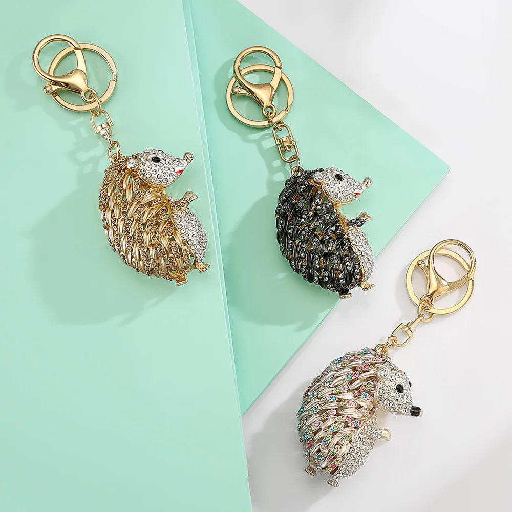 Luxury Micro Pave Cubic Zirconia Animal Pendant Keychain Cartoon Rhinestone Hollow Hedgehog Keychains for Women