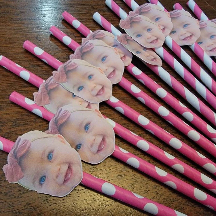 LNX Custom Photo Face Straws for Bachelorette Parties Personalized Handmade Wood Pulp Paper Drinking Utensils with Logo Printing