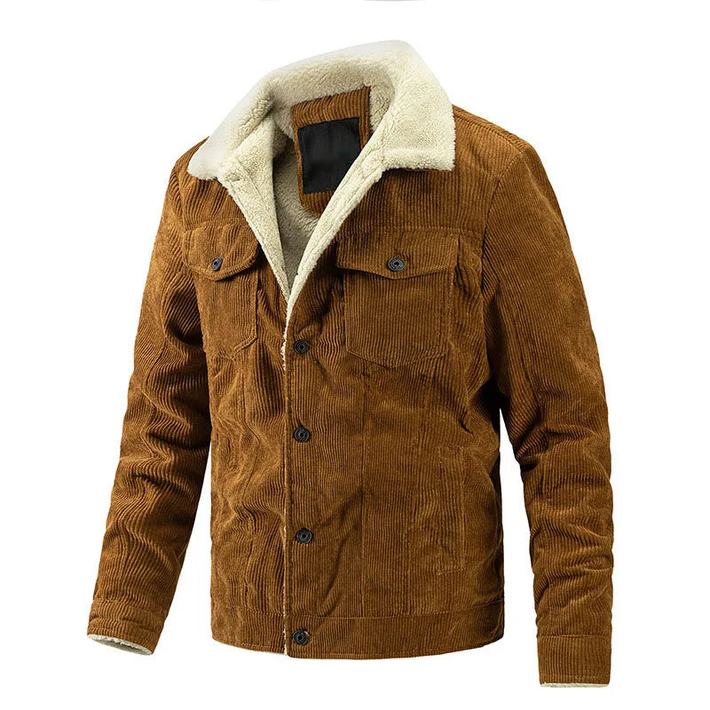 RNSHANGER Men's Autumn New Retro Casual Parka Men's Fleece Collar Jacket Button Warm Corduroy Jacket Solid Color Slim Jacket