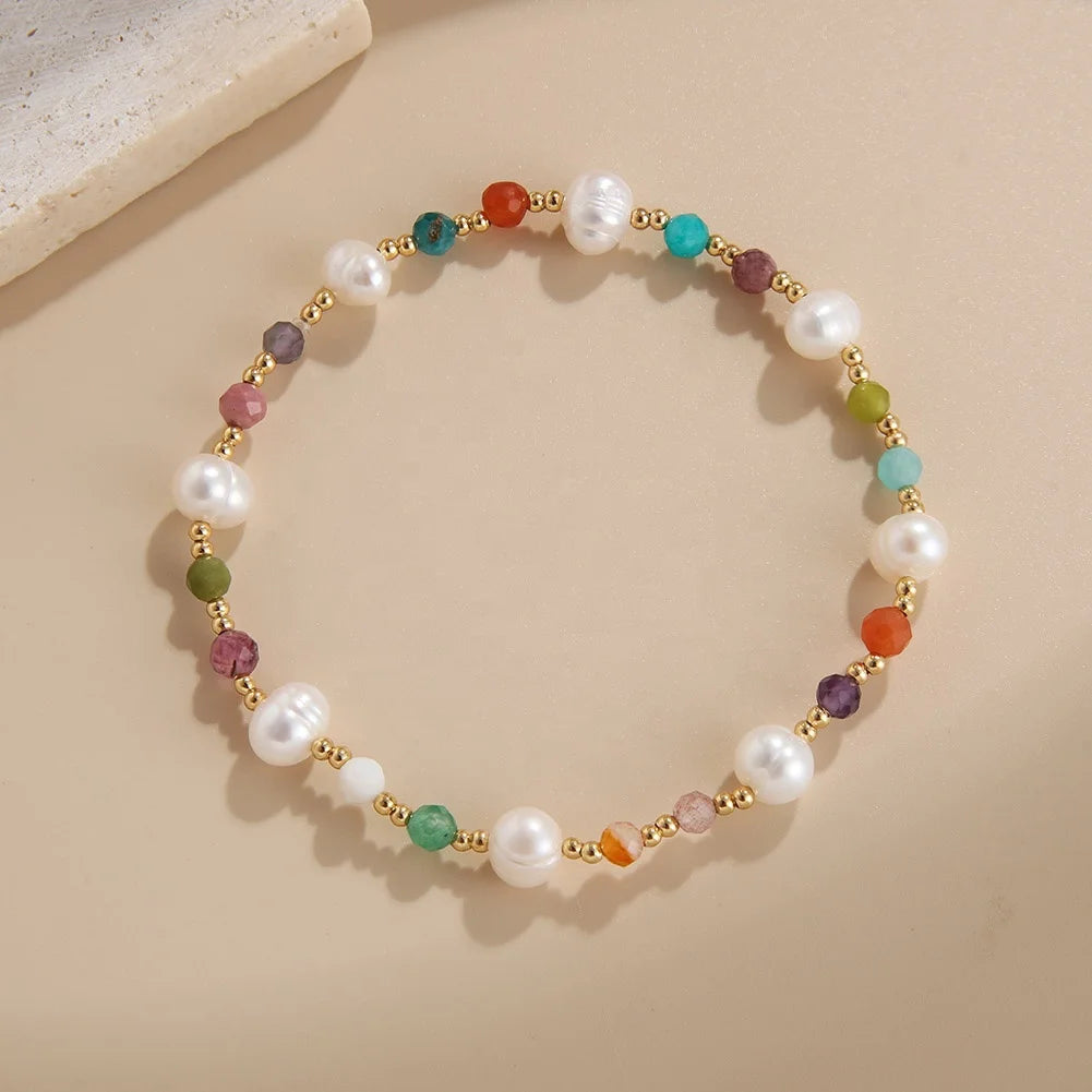 Adjustable Baroque Pearl Bracelet with Vintage Style Summer Beach Wind Colorful Crystal Beads Hook Shape for Anniversaries