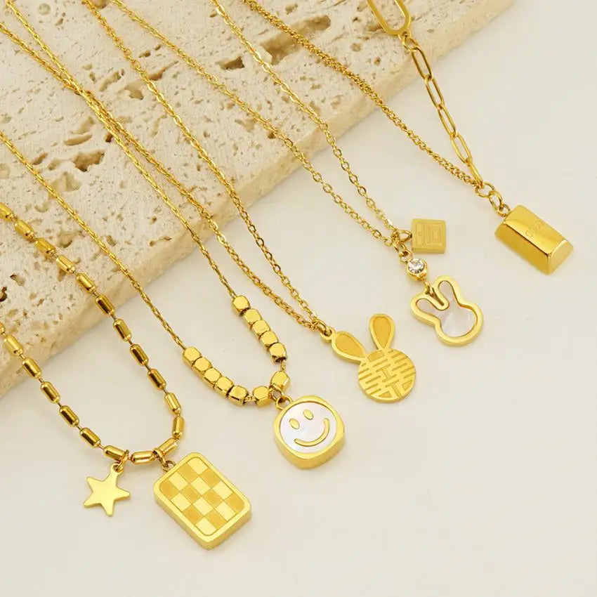 Fashion Ins Cute 18K Gold Plated Stainless Steel Imitation Pearl Shell Smiling Face Rabbit Pendant Link Chain Women's Necklace