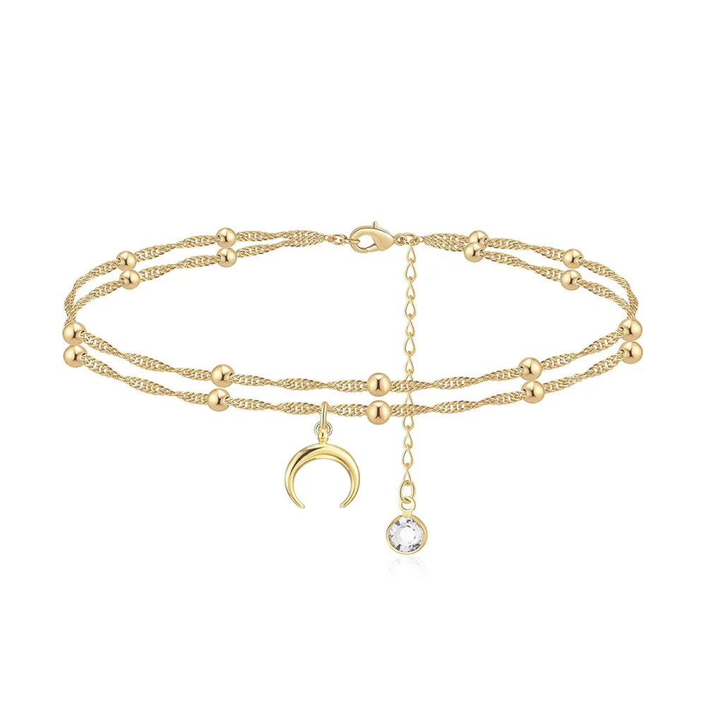 New Designs Multi Layer Twist Chain Crescent Pendant Moon Anklets for Women