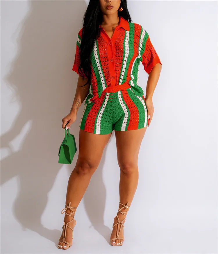 New Arrival  Going Out Two Piece Sets for Women Summer Vacation Beach Short Sleeve Crochet Top and Knit Shorts Set