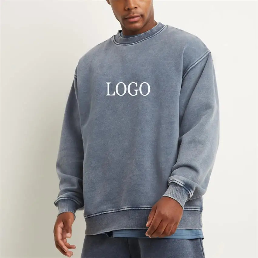 Fashion Drop Shoulder Knit Raised Print Plain Crewneck Custom Men Acid Wash Oversize Sweatshirt